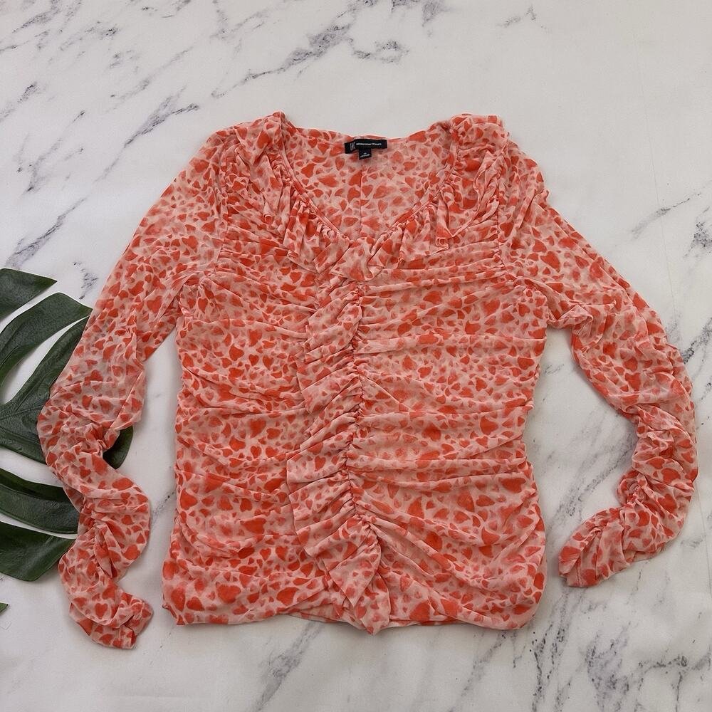 INC Womens Ruffle Mesh Blouse Top Size XL Pink Hearts Stretch Romantic Ruched